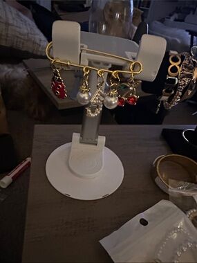 Gold Charm Safety Pin Brooch with Red and Pearl Accents